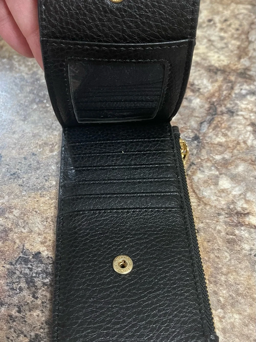 Anne Klein black pebble leather zip wristlet with gold hardware